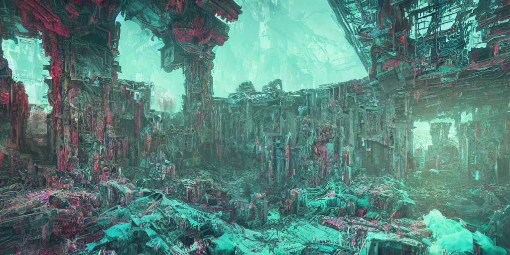 Image similar to ruination, infiltration ruination, deprivation outright annexation, landscape, intricate complexity, horror, rainbow drip paint, psychedelic glitch art, trending on art station, photoreal, 8 k, octane render