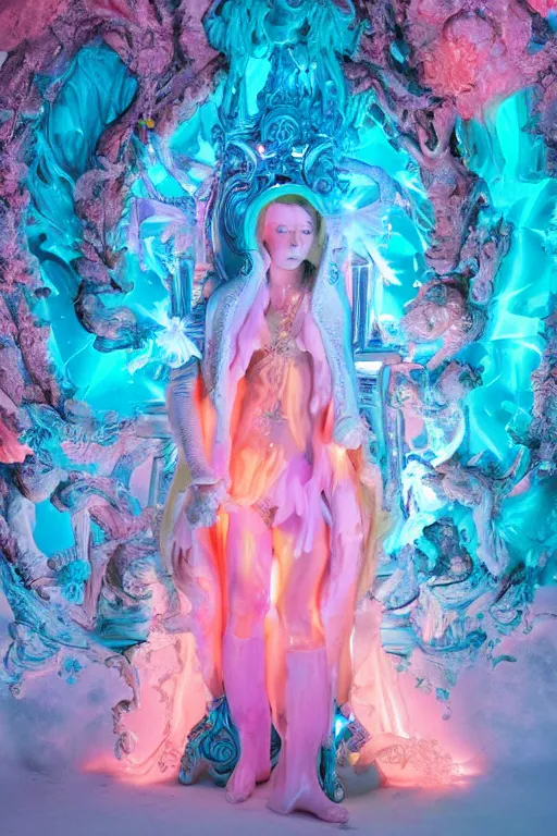 Image similar to full-body rococo and cyberpunk delicate neon crystalline sculpture of ((young muscular golden albino prince Joe Jonas)) as an iridescent humanoid deity wearing ((peach plastic hooded cloak)) (holding a human skull) in a white castle dungeon, reclining, glowing pink face, crown of (pink lasers), large blue diamonds, swirling black silk fabric. futuristic elements. oozing glowing liquid, full-length view. space robots. intricate artwork by caravaggio. Trending on artstation, octane render, cinematic lighting from the right, hyper realism, octane render, 8k, depth of field, 3D