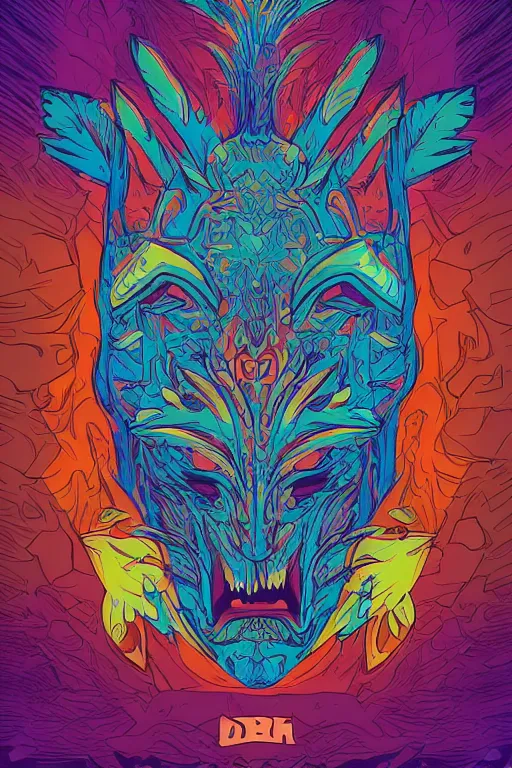 Image similar to animal mask totem roots flower tribal feather gemstone plant wood rock shaman vodoo video game vector cutout illustration vivid multicolor borderlands comics by josan gonzales and dan mumford radiating a glowing aura