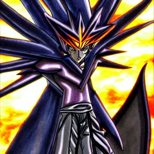 Image similar to portrait anime, manga drawing of yugi muto battles sauron, yu - gi - oh art