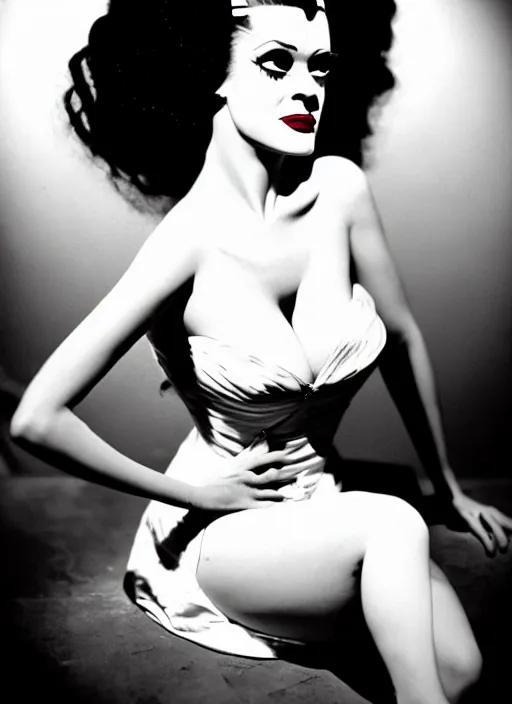 Image similar to pin - up photography of the bride of frankenstein, flash photography,