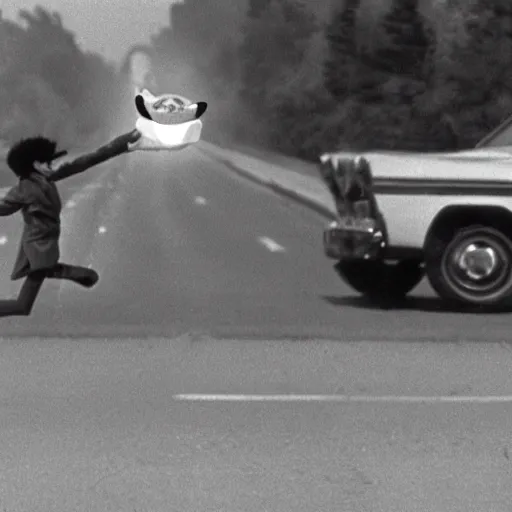 Image similar to Film still of an anthropomorphic tooth hitchhiking across America, Fellini film, 1972