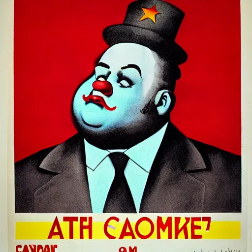 Image similar to fat communist clown portrait, soviet propaganda poster