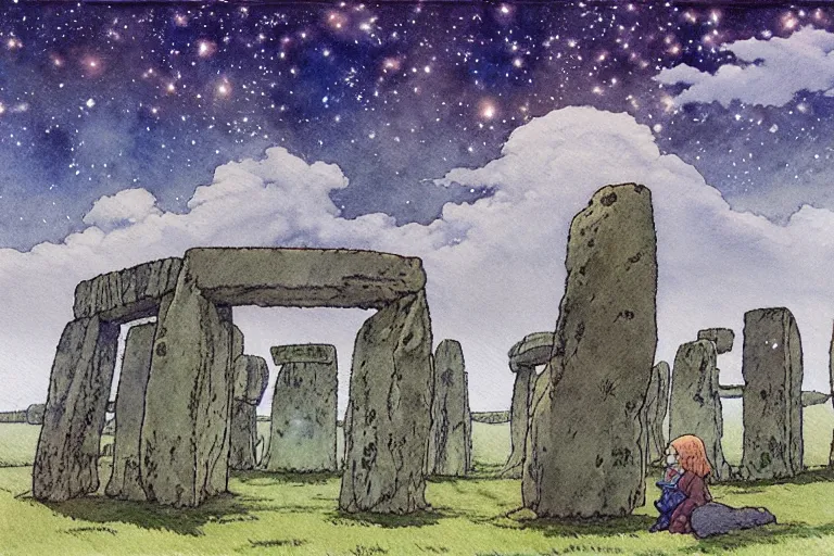 Image similar to hyperrealist studio ghibli watercolor fantasy concept art of a 1 0 0 ft. giant druid sitting on stonehenge. it is a misty starry night. by rebecca guay, michael kaluta, charles vess