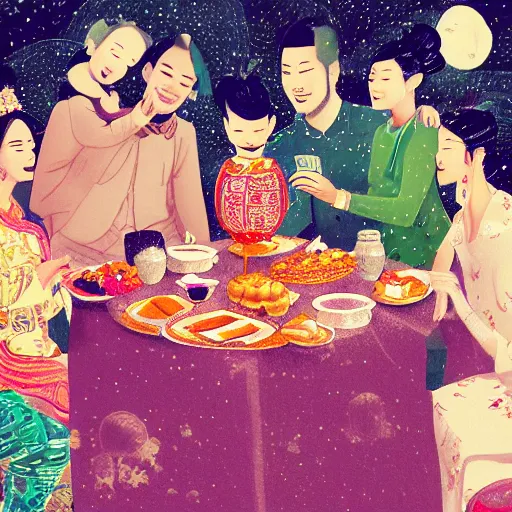 Prompt: a beautiful hyperdetailed render of illustration of a family gathering, they enjoying wine and mooncake, very detailed, wine bottle, beautiful mooncake, moonfestival decoration, mid autumn fesitval, simple style, from china, surrealistic, chinese style, victo ngai, james jean, denoise, deblurring