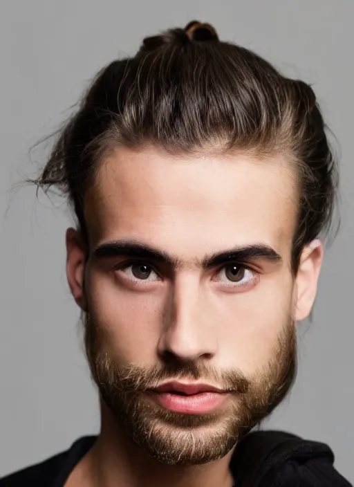 Prompt: a skinny young white male with a dark brown man bun for hair