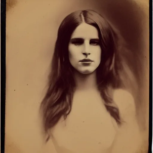 Image similar to tintype photo of lana del rey, by julia margaret cameron 1 8 8 0 s, realistic, body shot, sharp focus, 8 k high definition, insanely detailed, intricate, elegant