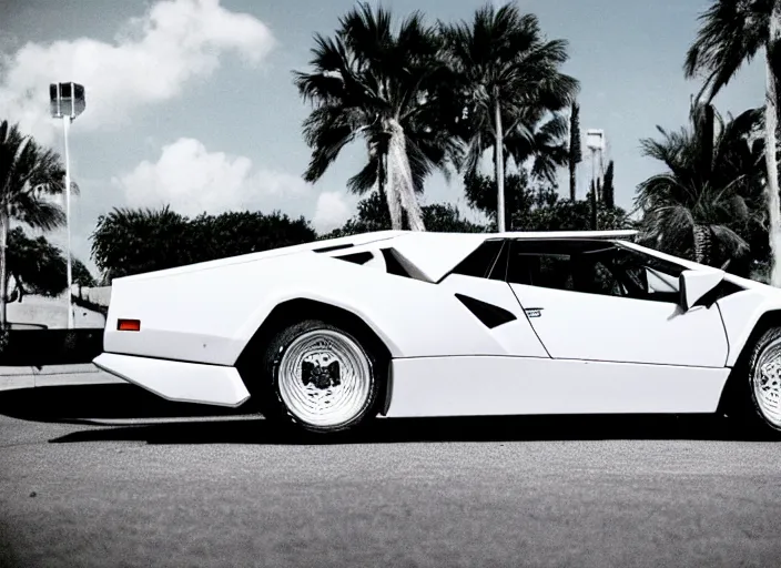 Image similar to a white lamborghini countach. palms and blue to punk sky in the background. 8 0's style. outline