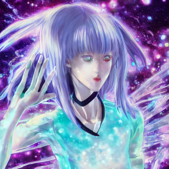 Image similar to rei ayanami, deep space, seascape, grimes, silver hair, shikinami asuka langley, card captor sakura, bunny ears, cosmos, psychedelic flowers, black opal, rainbow aura quartz, organic, oni compound artwork, of character, render, artstation, portrait, wizard, beeple, art, fantasy, epcot, psychedelic glitchcore