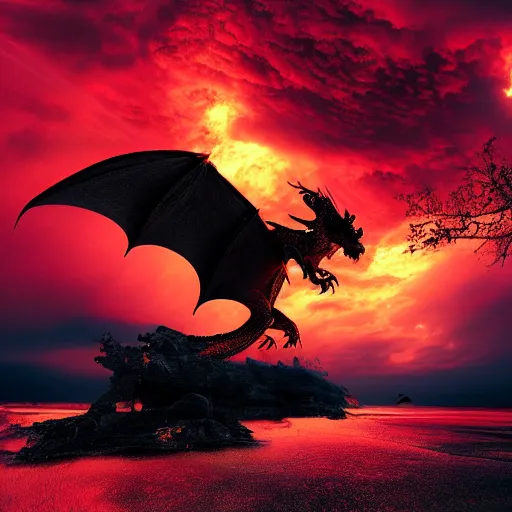Image similar to dragon flying through a red thunderstorm.