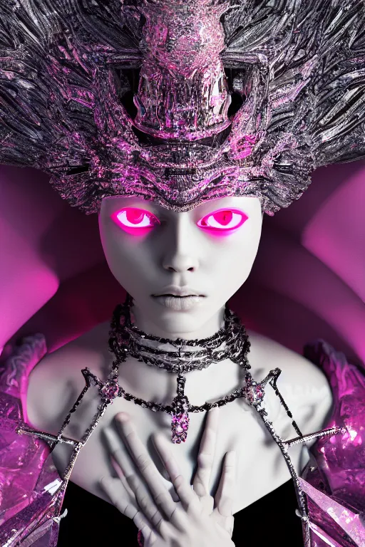 Image similar to hyper detailed ultra sharp portrait of baroque and bladerunner delicate glowing diamond sculpture of seductive muscular albino young king, pink diamond black metallic sphinx iridescent humanoid deity wearing black cloak holding a prismatic gem, glowing pink face, crown of white diamonds, cinematic lighting, photorealistic, octane render 8 k depth of field 3 d