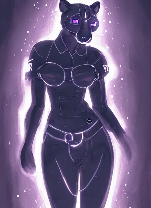 Image similar to beautiful portrait commission of a female furry anthro panther fursona wearing a police uniform. Cyberpunk city at night in the rain. Neon light. Atmospheric. Character design by charlie bowater, ross tran, artgerm, and makoto shinkai, detailed, inked, western comic book art