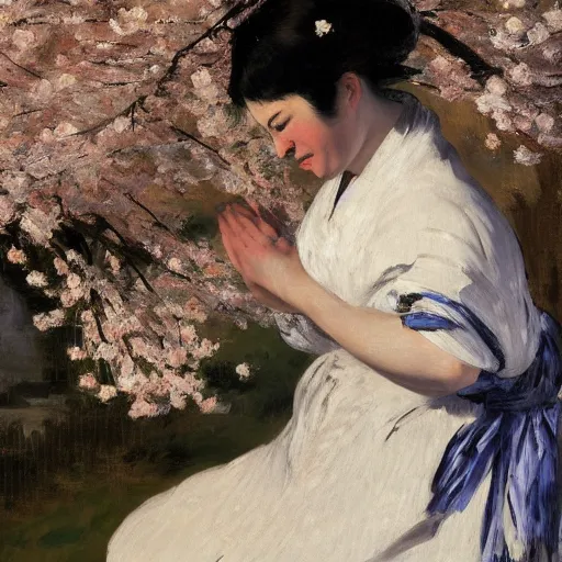 Image similar to a crying woman in a white gown kneeling at a beautiful shrine under a cherry blossom tree, rainy wet, ultradetailed, hd 8 k, oil on canvas, manet, detailed brushstrokes