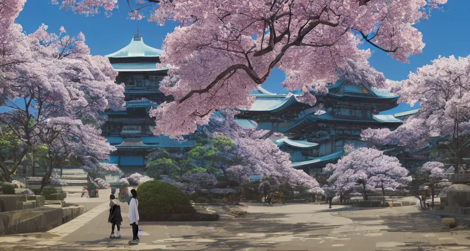 Image similar to Futuristic Japanese landscape with lots of BLUE Sakura blossoms and a temple, center composition, cinematic, rendered by simon stålenhag, rendered by Beeple, Makoto Shinkai, syd meade, environment concept, digital art, starwars, unreal engine, 3 point perspective, WLOP, trending on artstation, low level, 4K UHD image, octane render,