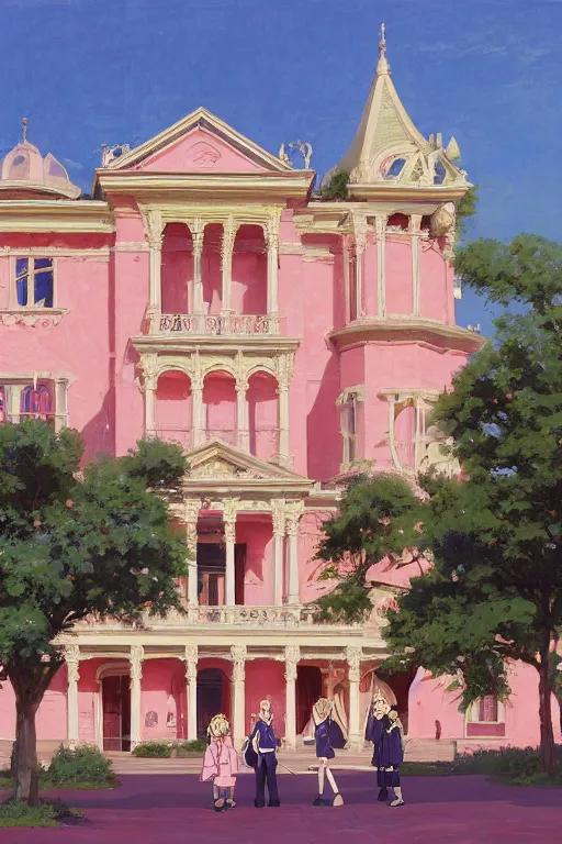 Image similar to painting of ouran highschool host club academy, front view, calm, afternoon day, roman architecture, pink marble building, dynamic lighting, landscape, bright, artwork by jeremy lipkin and giuseppe dangelico pino and michael garmash and rob rey and greg manchess and huang guangjian and makoto shinkai, pixiv, sharp edges, simple form, 1 0 0 mm