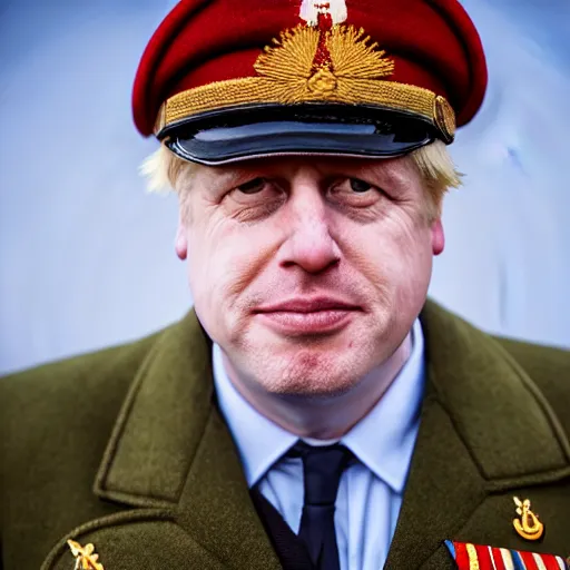 Prompt: boris johnson with ussr military uniform on in kyiv, realistic, long shot, sunny lighting, octane render, gq magazine, hyper realistic, high quality, highly detailed, hd, beautiful, cinematic, 8 k, unreal engine, facial accuracy,