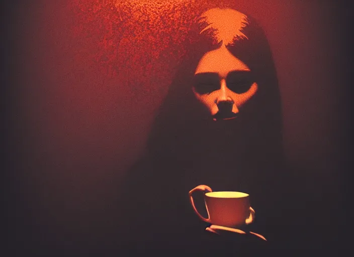 Image similar to portrait of a heroine drinking coffee, (((colorful))),vivid, Mads Berg, Karolis Strautniekas,small finely stippled light, dramatic lighting,film grain, editorial illustration, detailed, gradation, matte print, dynamic composition,moody, cinematic,extreme perspective