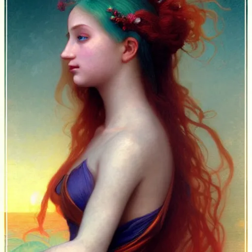 Image similar to a beautiful stunning interesting detailed fantasy whimsical matte digital portrait illustration of a mermaid with blue-green hair, yellow-orange and red-violet spectacular sunset, in the style of William Adolphe-Bouguereau and Marc Simonetti, magic the gathering, trending on artstation hq, contest winner