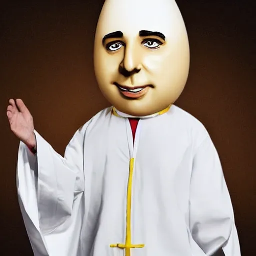 Prompt: anthropomorphic egg benedict wearing white robes