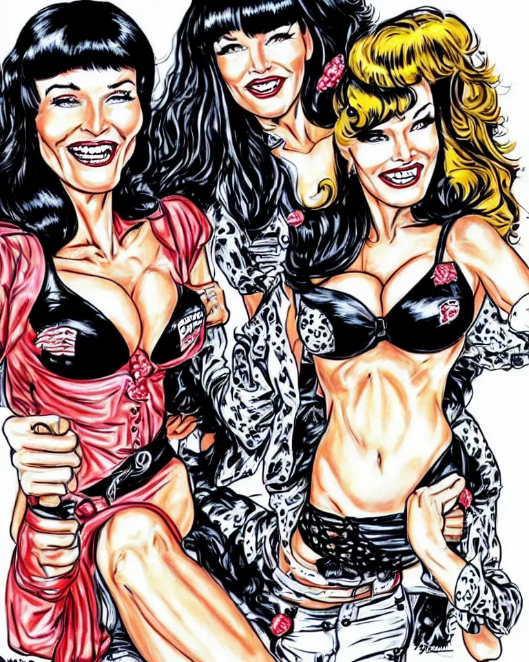 Image similar to elle macpherson and bettie page having a great day, art style ben garrison!!!!!!!!!!!!!!!! drawn by ben garrison, iconic, masterpiece, ornate and detailed, cartoon