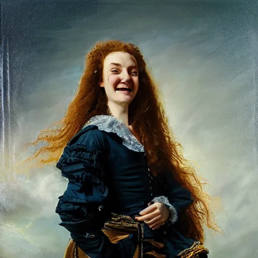 Image similar to oil painting, smiling, happy, beautiful, intelligent, fierce, powerful, female pirate captain 3 2 years old, flowing long hair, fully clothed, wise, beautiful, masterful 1 7 2 0 s oil painting, dramatic lighting, sharp focus