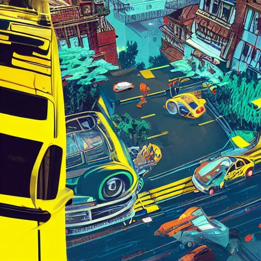 Image similar to crazy taxi real life by victo ngai and michaelangelo