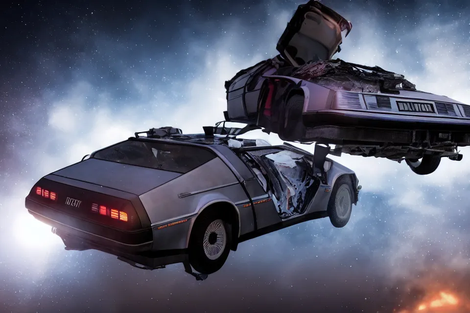 Image similar to ultra realistic delorean dmc 5 drifts on road wreckage orbiting earth in space, dark cinematic, volumetric, realistic, 3 d render, realistic render, cinematic lighting, volumetric lighting, atmospheric, cinematic, unreal engine 5, unreal engine render, octane render, hd, photorealism, hyper realistic, 8 k