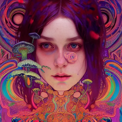 Prompt: A girl having an extremely colorful psychedelic experience, magic mushrooms, psilocybin, face, detailed, intricate, elegant, highly detailed, digital painting, artstation, concept art, smooth, sharp focus, illustration, art by Krenz Cushart and Artem Demura and alphonse mucha