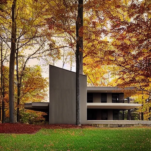 Prompt: “an American house design as a hybrid Usonian and brutalist style. During autumn. Real estate photography”
