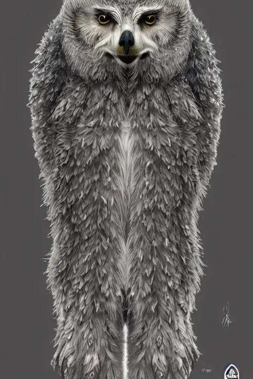 Prompt: a beautiful upper body shot from a fantasy film of a humanoid grey owlbear wearing a loose tunic. an anthropomorphic owlbear. fantasy, frown, intricate, elegant, highly detailed, digital painting, artstation, concept art, matte, sharp focus, illustration, art by artgerm and greg rutkowski and alphonse mucha