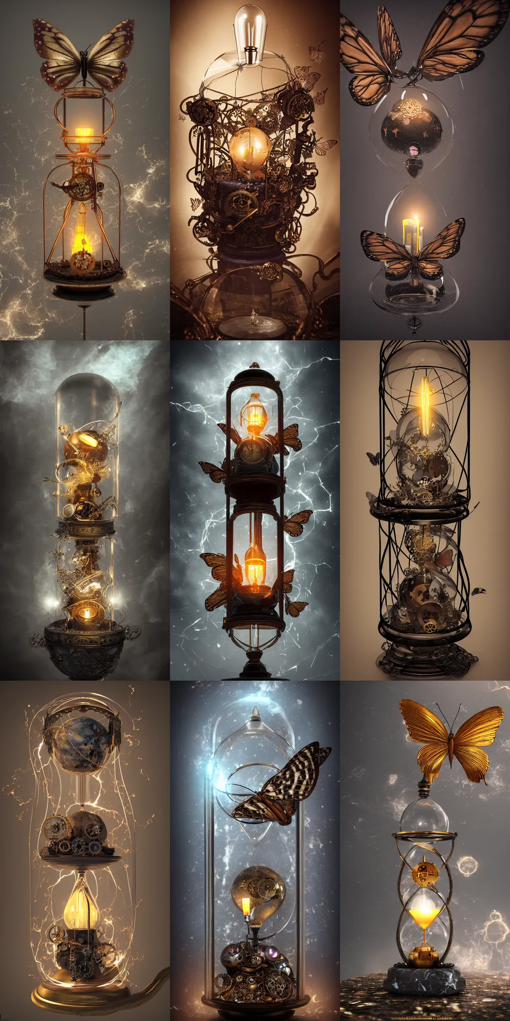 Prompt: steampunk butterfly inside a marble, hourglass, lightning, intricate detail, volumetric lighting, epic composition, hyper detailed, ultra realistic, sharp focus, octane render, candle, volumetric, ray tracing, artstation trending, cgsociety, sense of awe, swirling mist, 4 k