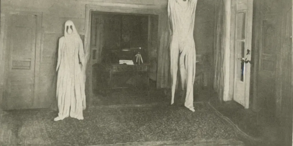 Prompt: scary unproportionable tall ghost creature inside a house, 1900s picture