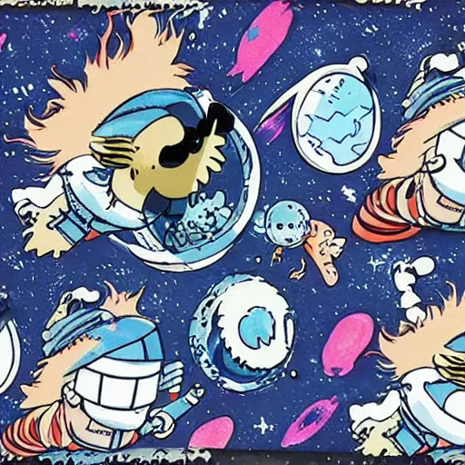 Image similar to A print. A rip in spacetime. Did this device in his hand open a portal to another dimension or reality?! navy blue, kawaii by Bill Watterson rich