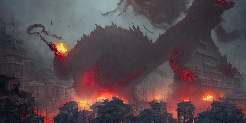 Image similar to kaiju - like mao zedong destroying buildings, detailed intricate illustration, dark atmosphere, detailed illustration, hd, 4 k, digital art, overdetailed art, by greg rutkowski, by loish, complementing colors, trending on artstation, deviantart