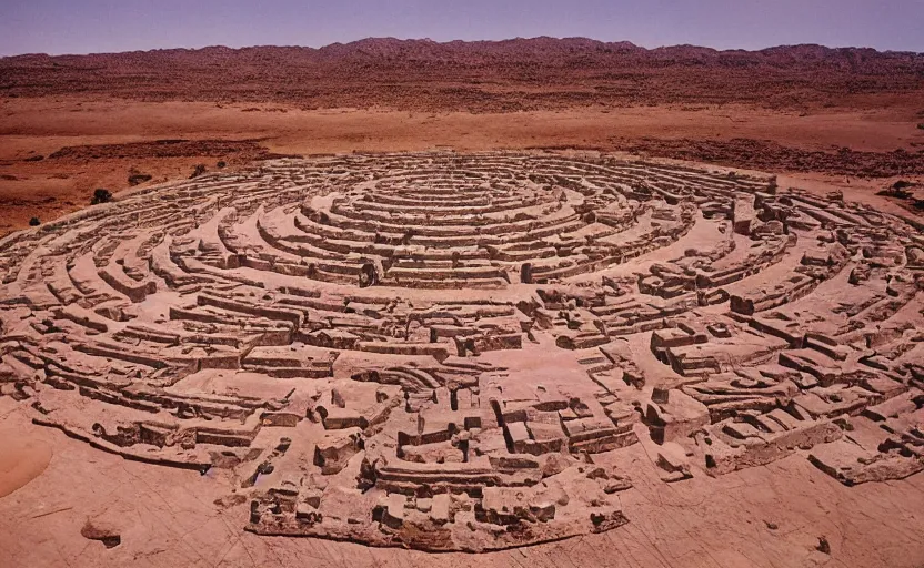 Image similar to high quality 2000s historic footage of gigantic labyrinth in the desert buildings in liminal space style and megalith, color aerial photo drone, Cinestill 800t, heavy grainy picture, very detailed, high quality, 4k panoramic