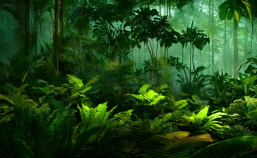 Image similar to a beautiful render of a prehistoric rainforest, lush flora, dark green, orange, intricate detail, sunset, hazy, volumetric lighting, 8 k, photorealistic, raytracing effects, unreal engine 5