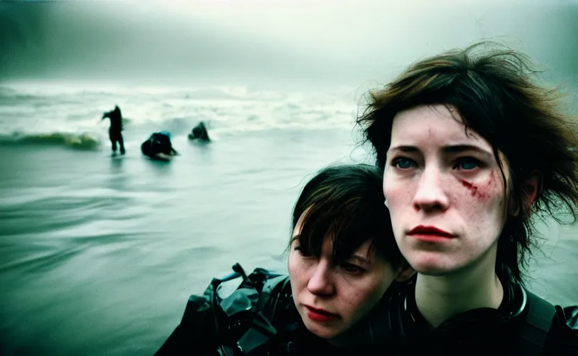 Image similar to cinestill 5 0 d candid photographic portrait by helen levitt of two loving female androids wearing rugged black mesh techwear in treacherous waters, extreme closeup, modern cyberpunk moody emotional cinematic, hurricane, 8 k, hd, high resolution, 3 5 mm, f / 3 2, ultra realistic faces, ex machina