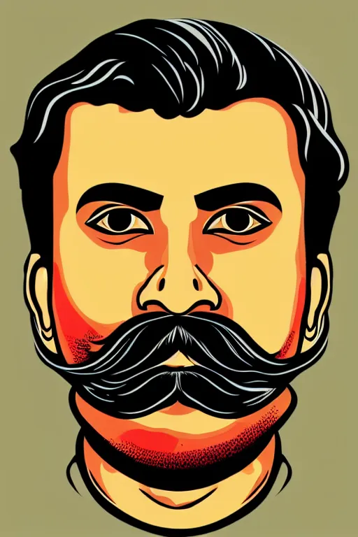 Image similar to portrait of an indian man with moustache, art by butcher billy, sticker, colorful, illustration, highly detailed, simple, smooth and clean vector curves, no jagged lines, vector art, smooth