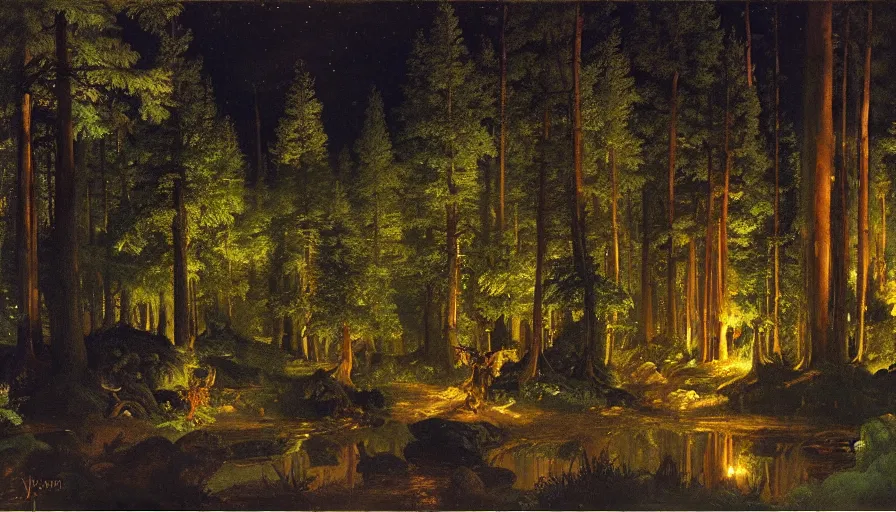 Prompt: disney illustrated background of a fantasy forest at night by eugene von guerard, ivan shishkin, john singer sargent