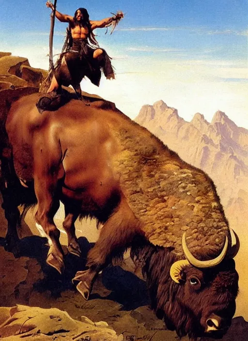 Image similar to beautiful native american riding bison, buffalo, powerful native american warrior, mountain range, beautiful sky, standing on the edge of a cliff, nineteenth century, painted by frazetta