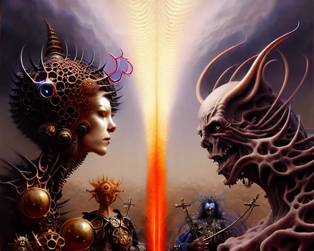 Image similar to the armies of heaven and hell, fantasy character portrait made of fractals facing each other, ultra realistic, wide angle, intricate details, the fifth element artifacts, highly detailed by peter mohrbacher, hajime sorayama, wayne barlowe, boris vallejo, aaron horkey, gaston bussiere, craig mullins