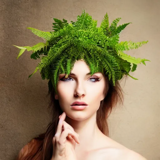 Prompt: a photo of a female model, orgnic headpiece, fern, vines, horn, moss, fashion photography, realistic, hyperdetails