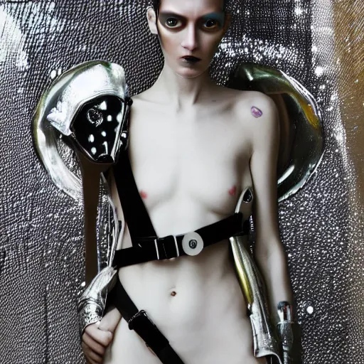 Prompt: fashion photography of an extraterrestrial model, with white eyes, wearing demobaza fashion, inside berghain, berlin fashion, harness, futuristic fashion, dark minimal outfit, photo 3 5 mm leica, hyperdetail, berghain, 8 k, very detailed, photo by nick knight