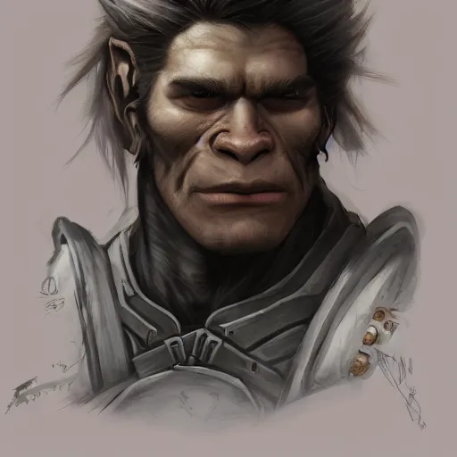 Image similar to portrait of a half orc by ayami kojima, he is about 2 0 years old, russian, manly, straight jaw, short brown hair, strong, friendly, and he is wearing a modern tactical gear, scifi, highly detailed portrait, digital painting, artstation, concept art, smooth, sharp foccus ilustration, artstation hq