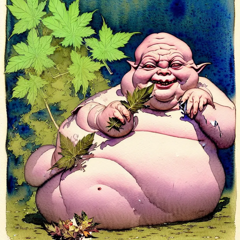 Image similar to a realistic and atmospheric watercolour fantasy character concept art portrait of a fat yoda with pink eyes smiling and holding a blunt with a pot leaf nearby, by rebecca guay, michael kaluta, charles vess and jean moebius giraud