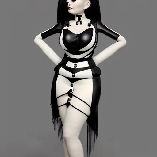 Prompt: an elegant curvy feminine pale goth cutie wearing an elaborate latex-nylon-leather striped neck-high dress, thin waist, cgsociety, photorealistic, 16k, smooth, sharp focus, trending on ArtStation, volumetric lighting, worksafe, sublime-comforting-intriuging ambience