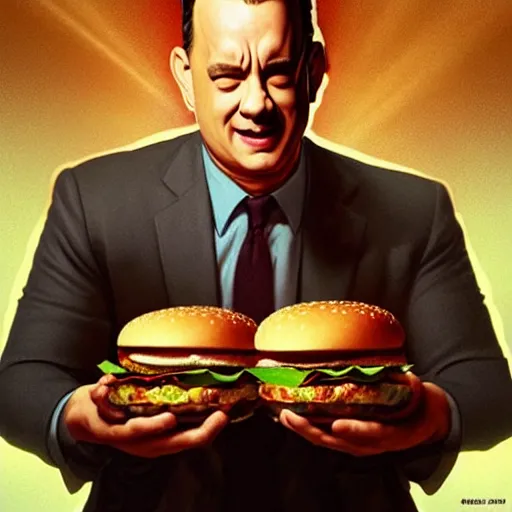 Prompt: portrait of Tom Hanks eating hamburgers, extra onions and ketchup, luscious patty with sesame seeds, ethereal, holy sacred light rays, handsome, D&D, fantasy, intricate, elegant, highly detailed, digital painting, artstation, concept art, matte, sharp focus, illustration, art by Artgerm and Greg Rutkowski and Alphonse Mucha