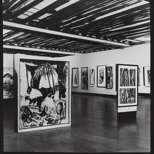 Image similar to A black and white screen print of gallery exhibition view from the 60s, anthropology, colonial, wild, exotic, artifacts, pedestal, ethnography, screen printing