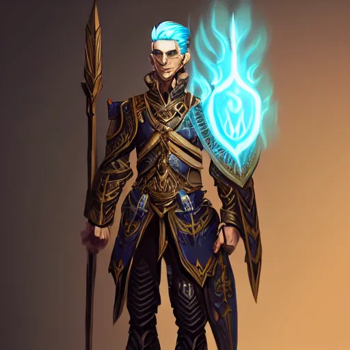 Image similar to Concept art of male high elf with light blue hair, black leather armor, golden eagle skull on chest, by Naranbaatar Ganbold, trending on artstation