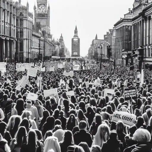 Image similar to a picture of westminster with a gigantic crowd of protestors on the street, the sky is blue and everyone is holding russian signs wide shot hyperrealistic photography 7 0 mm